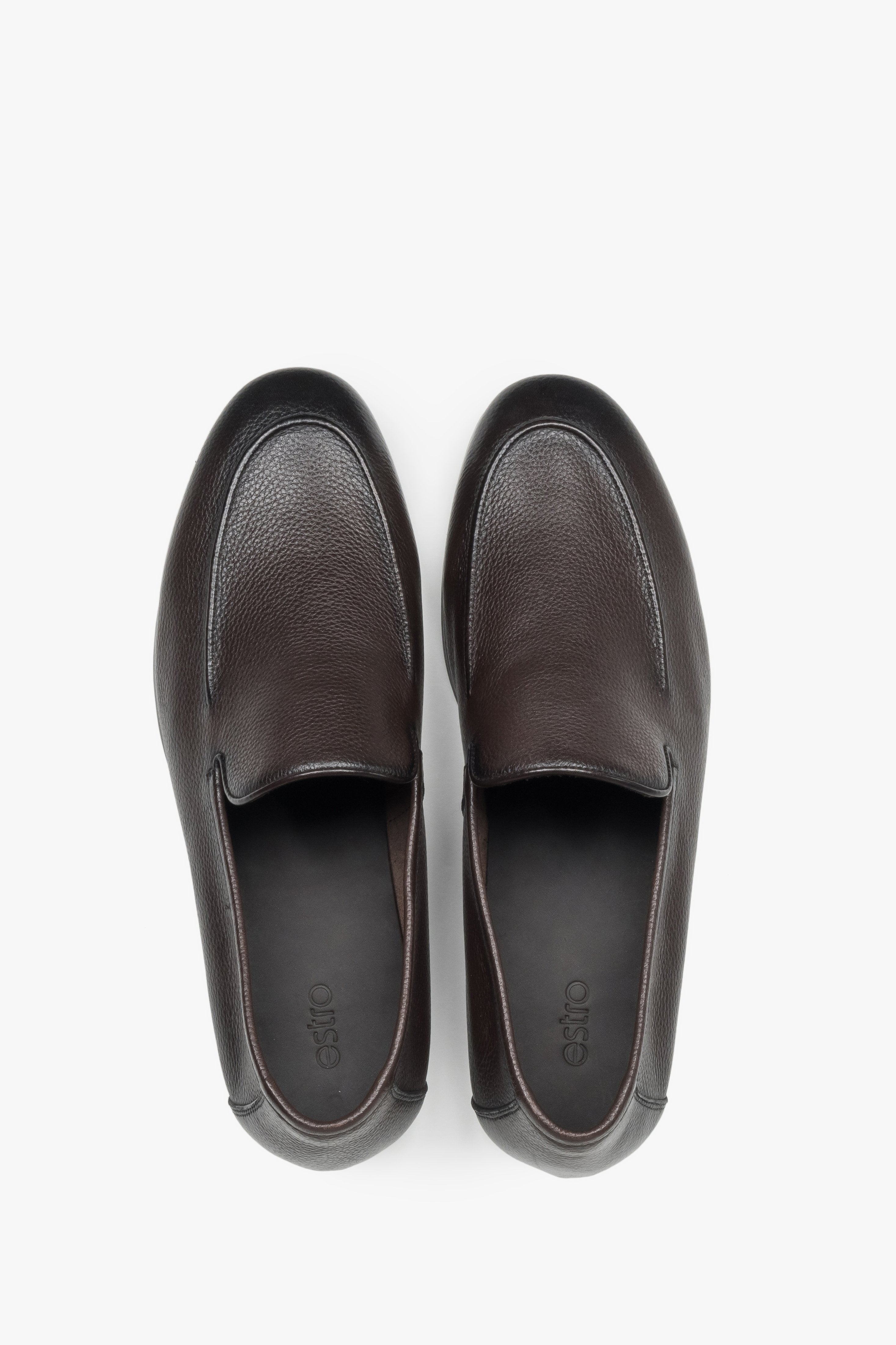 Polished dark brown leather men's loafers with a flat rubber sole and slip-on fit.