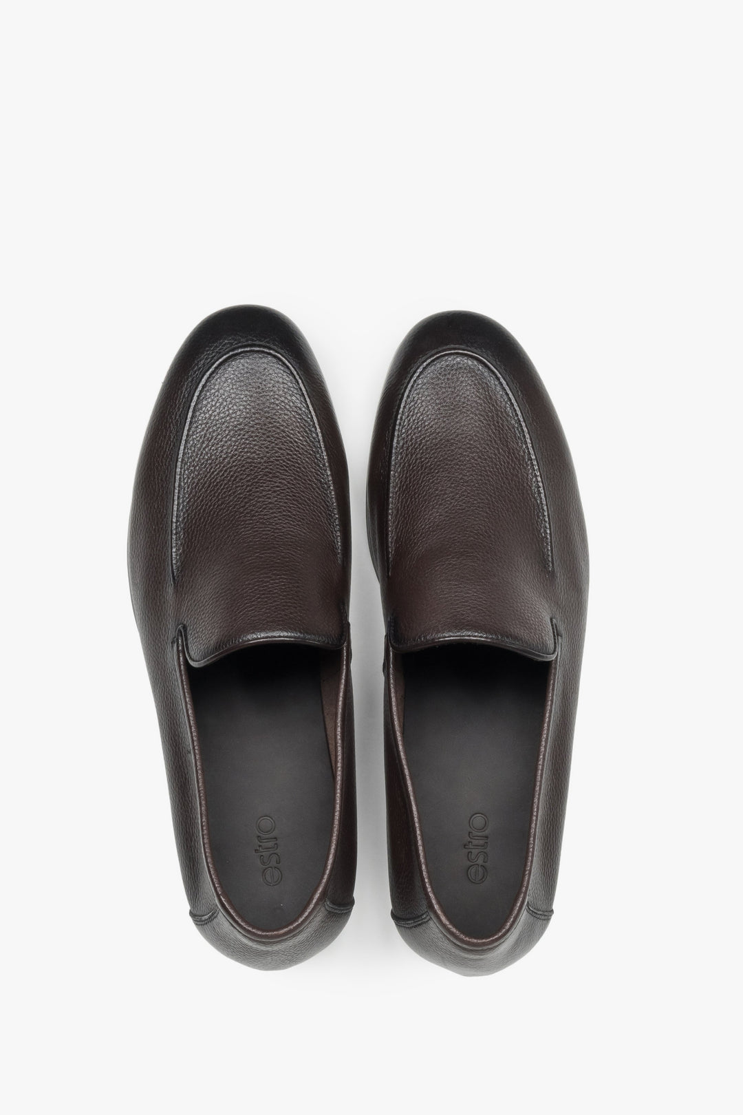 Polished dark brown leather men's loafers with a flat rubber sole and slip-on fit.
