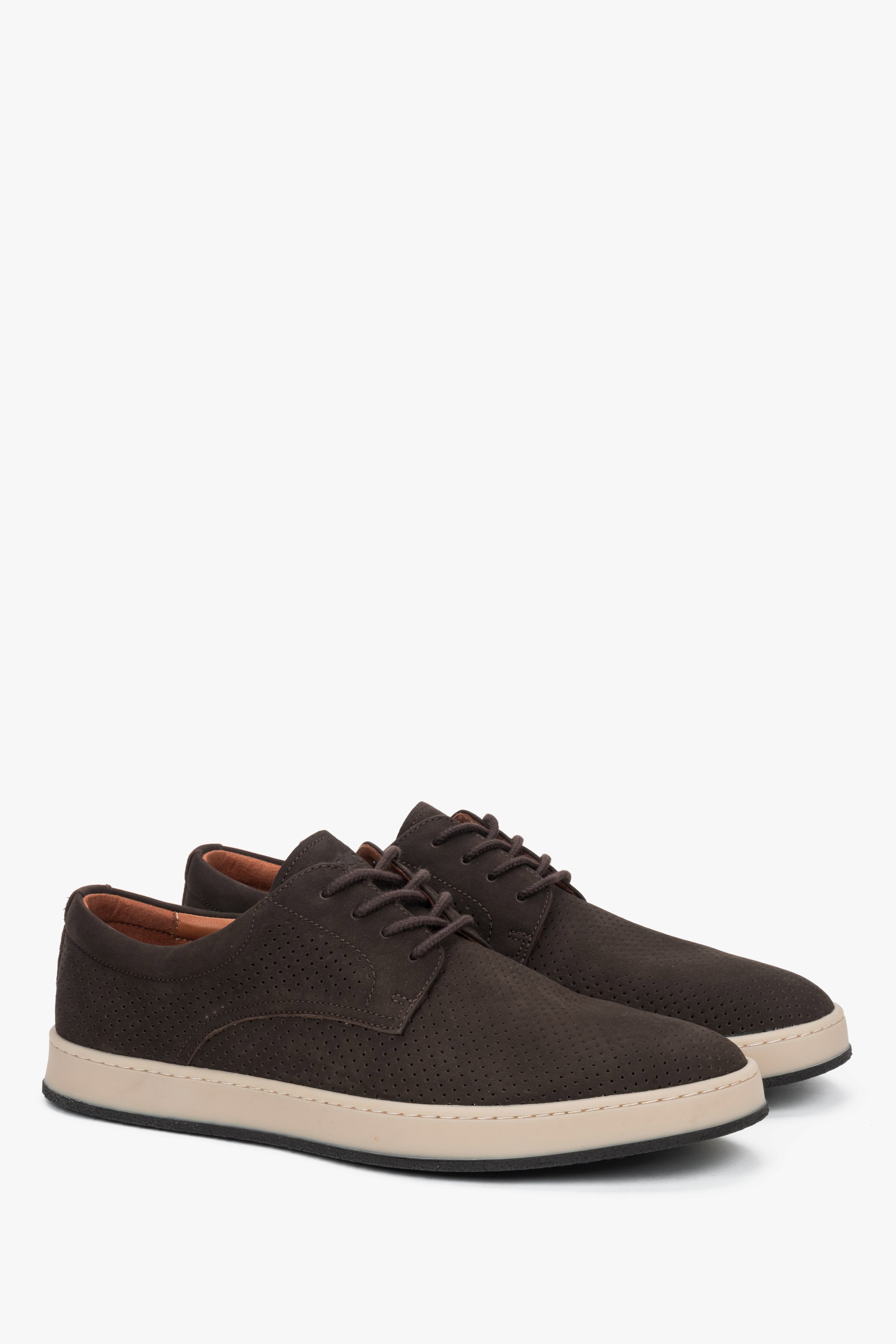 Men's dark brown natural nubuck perforated derbies with lace-up closure, Estro.