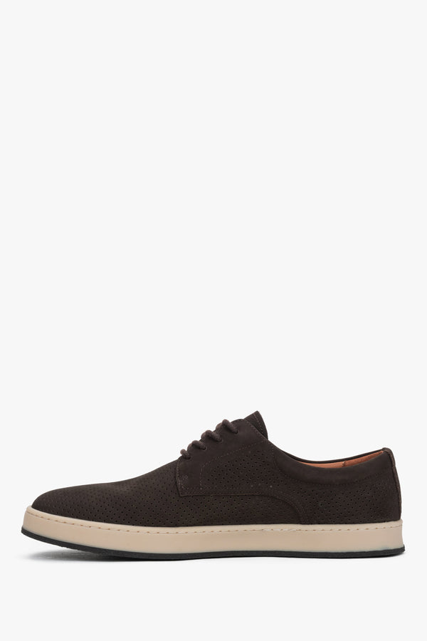 Elegant dark brown perforated leather shoes for men, ideal for summer.