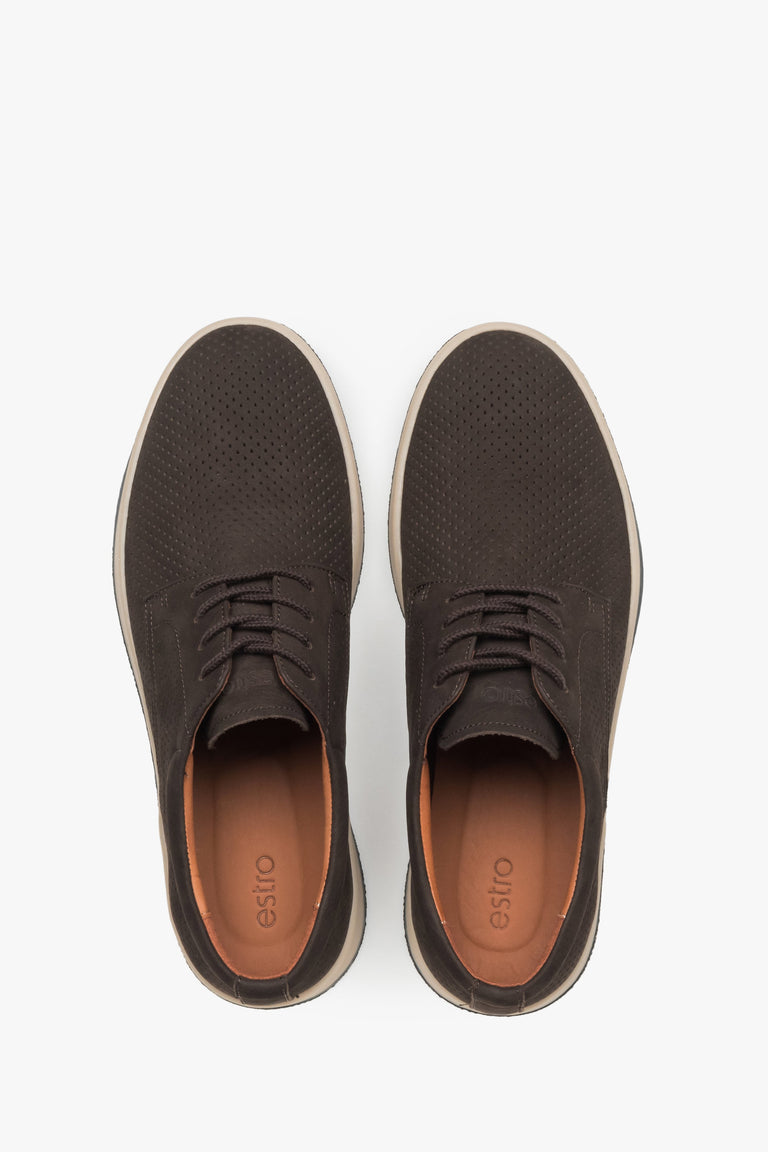 Men's breathable nubuck derbies in a deep brown tone with a rubber sole.
