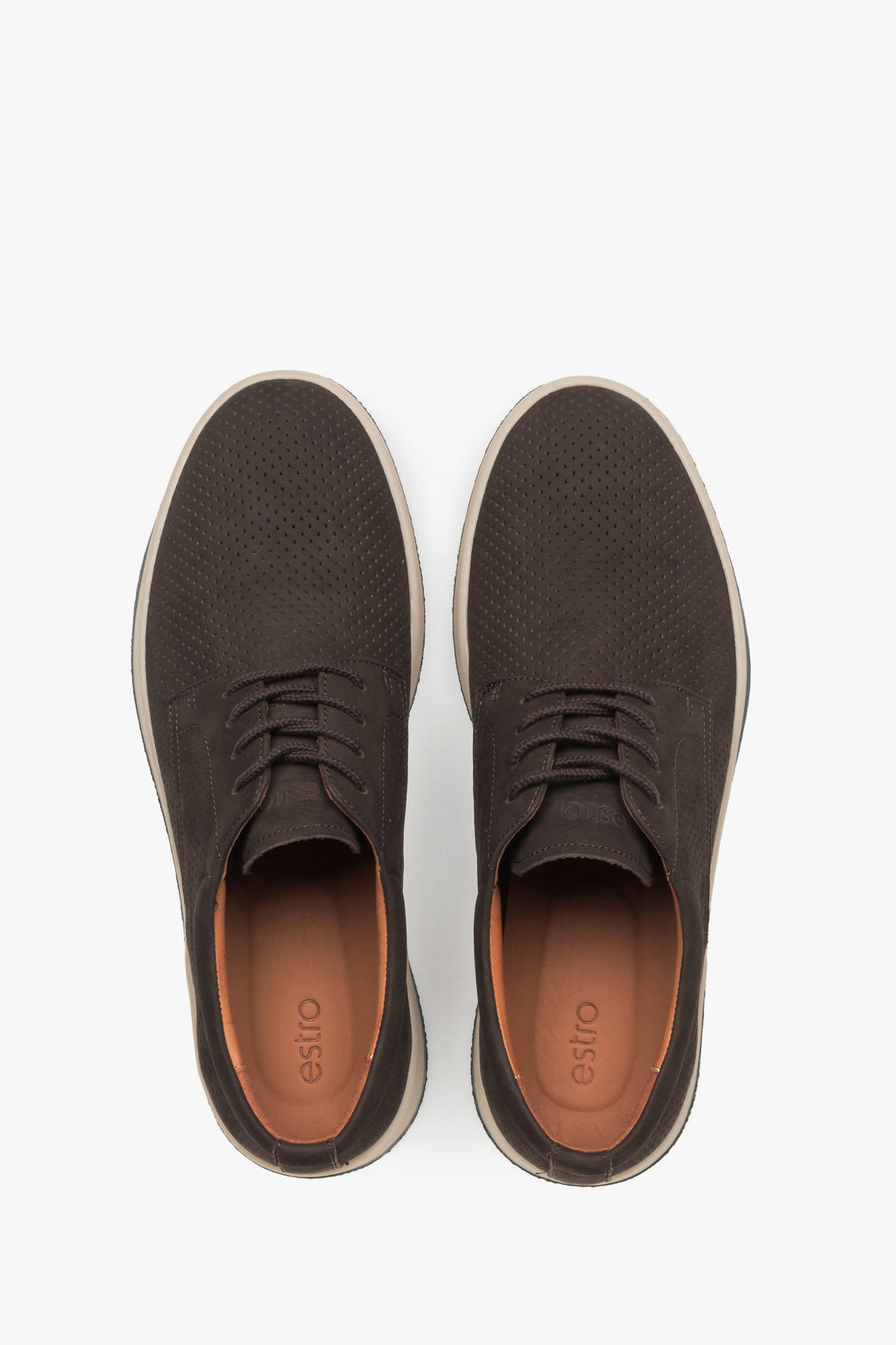 Men's breathable nubuck derbies in a deep brown tone with a rubber sole.