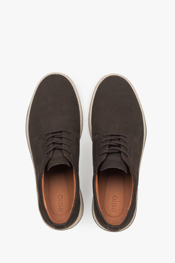 Men's breathable nubuck derbies in a deep brown tone with a rubber sole.