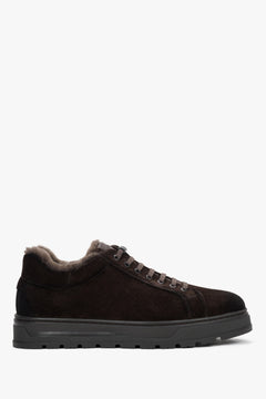 Men's Dark Brown Genuine Velour Low-Top Sneakers with Warm Fur Lining Estro ER00120667.