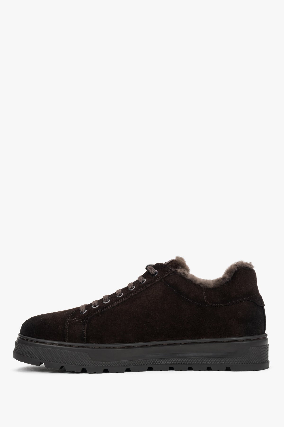 Men's dark brown genuine velour low-top sneakers with warm fur lining Estro.