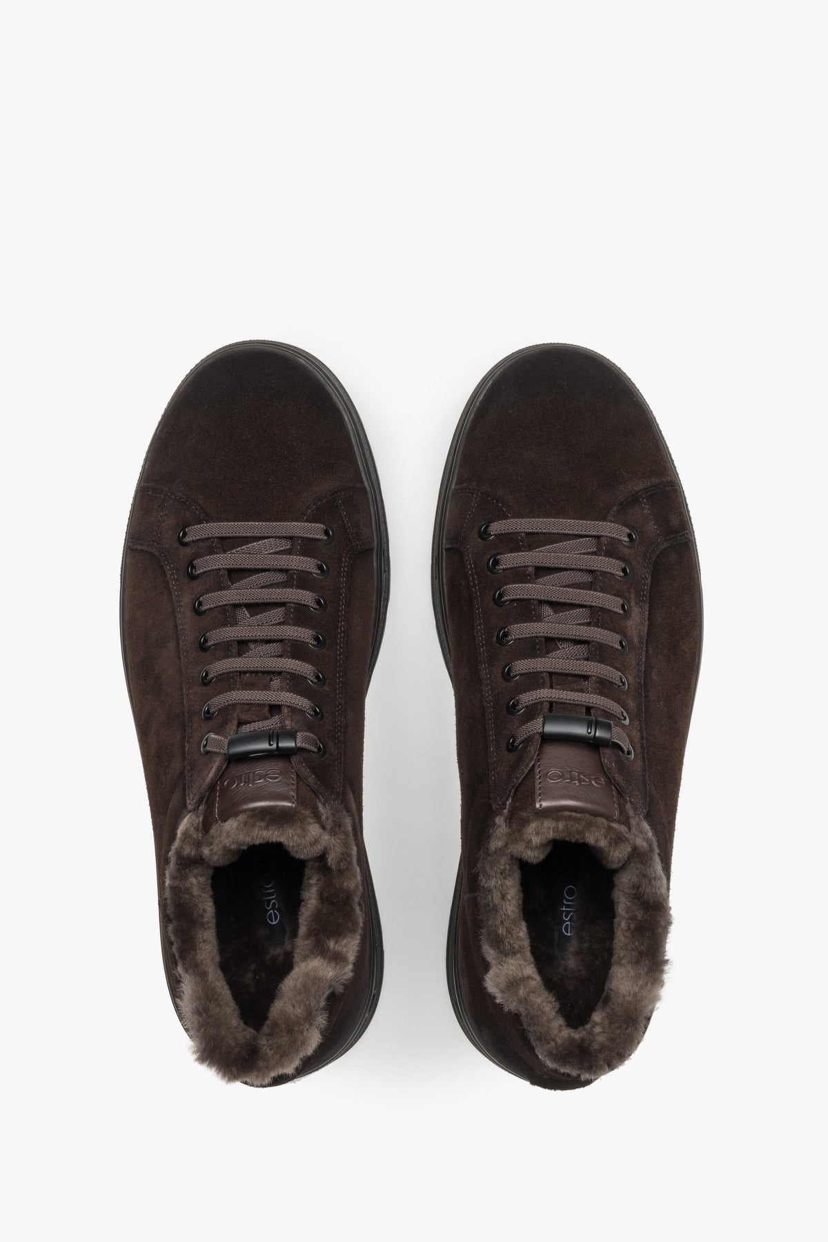 Men's dark brown natural suede low-top winter sneakers featuring soft fur lining, Estro.