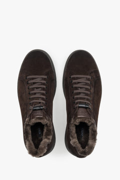 Men's dark brown natural suede low-top winter sneakers featuring soft fur lining, Estro.