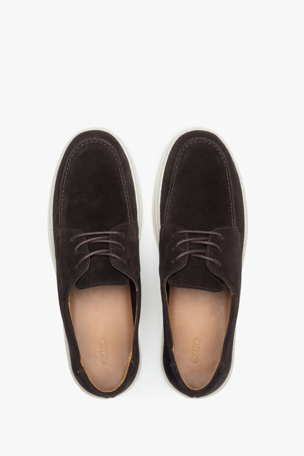 Estro men’s loafers, dark brown, lace-up, in premium Italian natural velour.