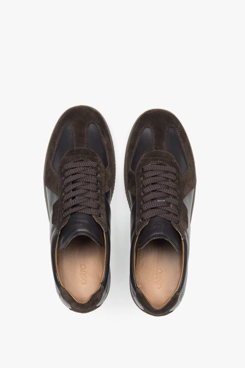 Dark brown men’s leather and velour sneakers.