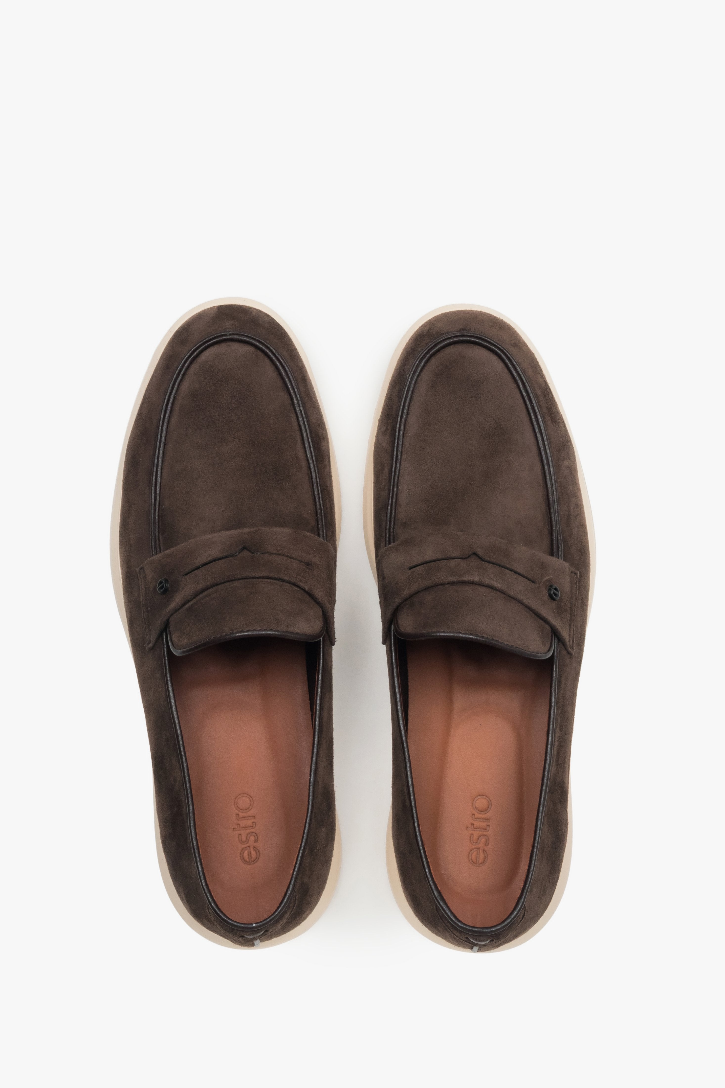 Men’s moccasins on a flexible sole, dark brown, made of natural velour, Estro.