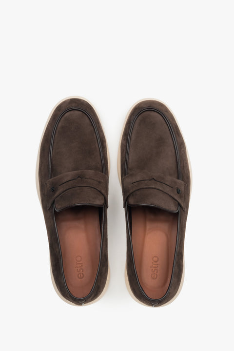 Men’s moccasins on a flexible sole, dark brown, made of natural velour, Estro.