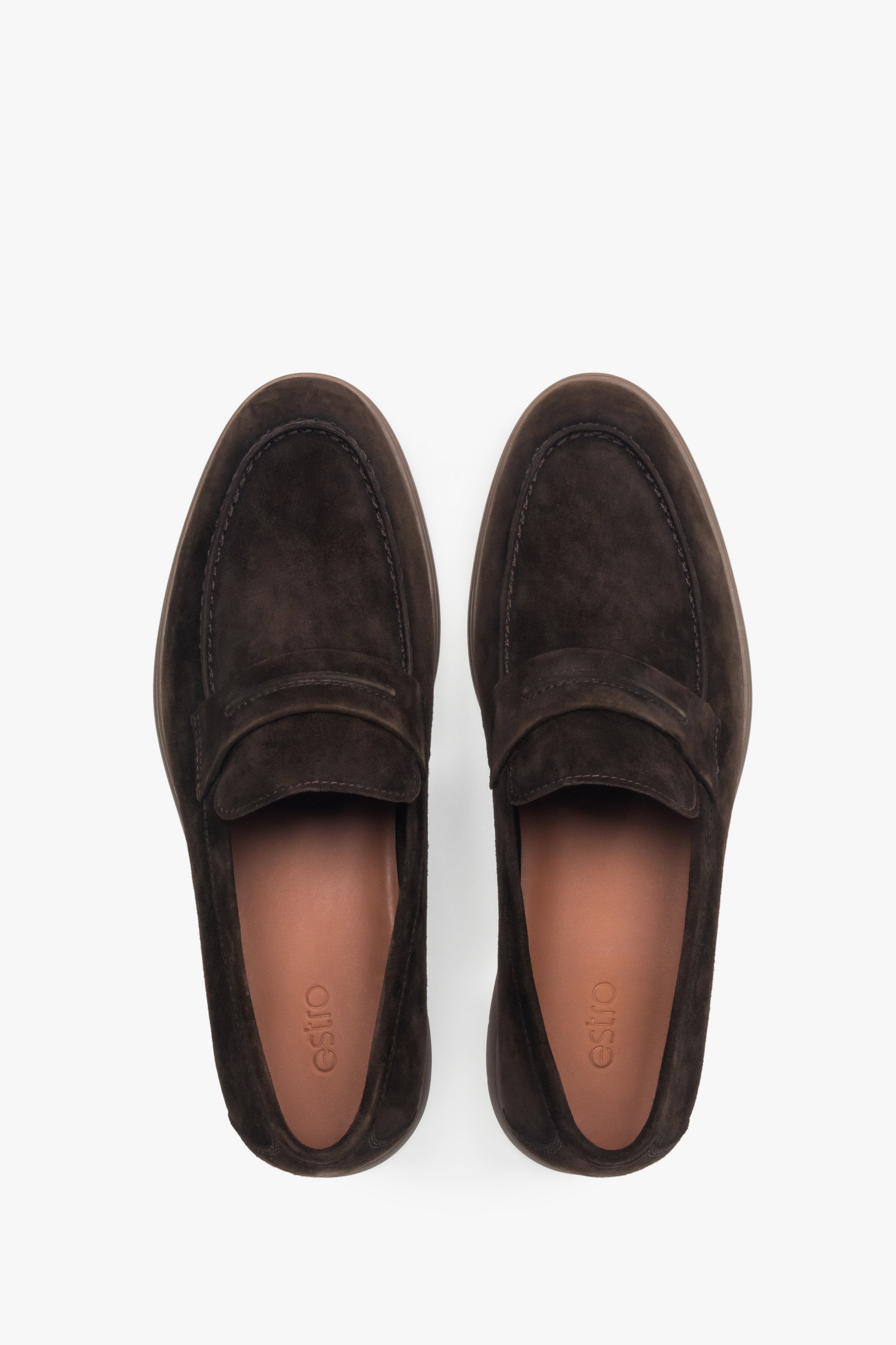 Dark brown men’s loafers made of natural velour on a soft sole by Estro – top view.