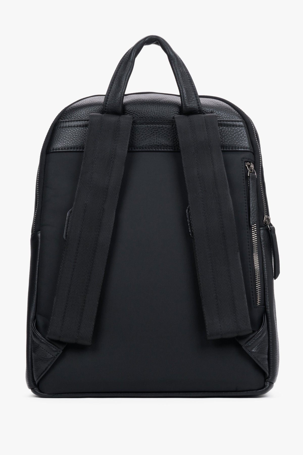 Classic men's backpack made of natural pebbled leather in an elegant style – detail close-up.