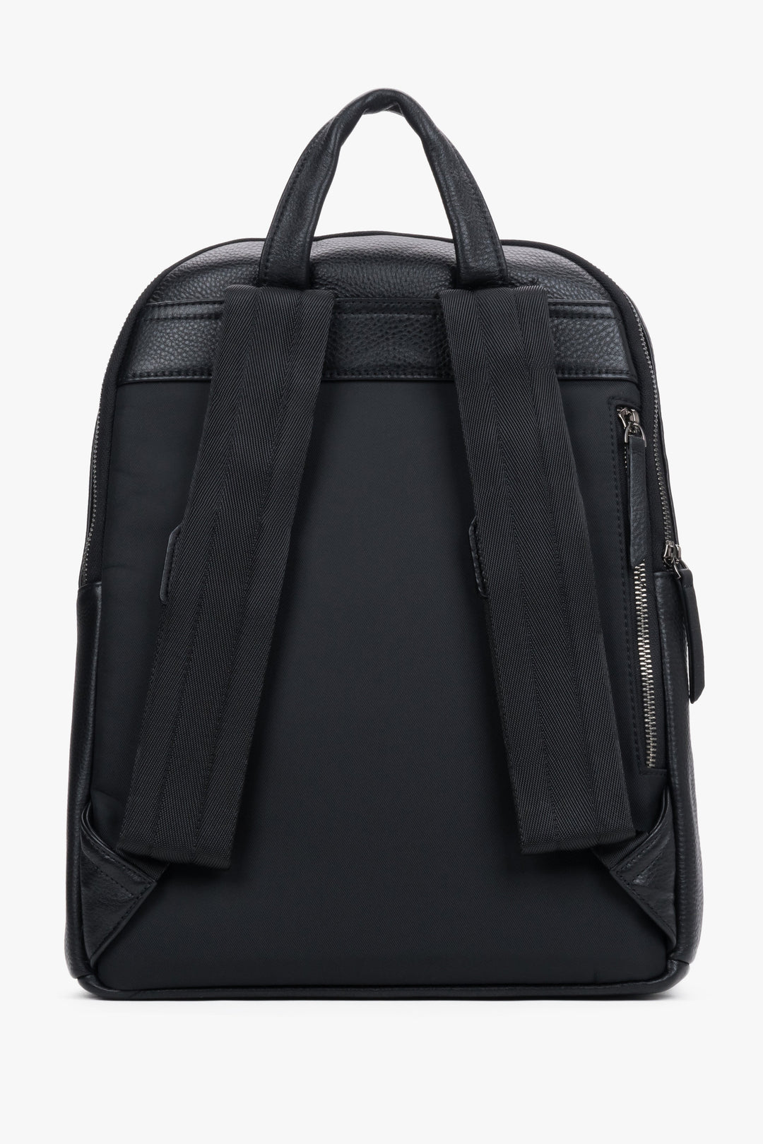 Classic men's backpack made of natural pebbled leather in an elegant style – detail close-up.