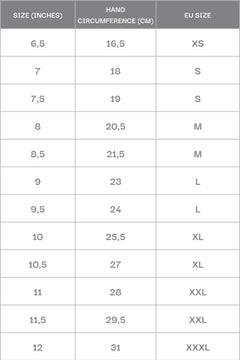 Men's gloves - a size chart.