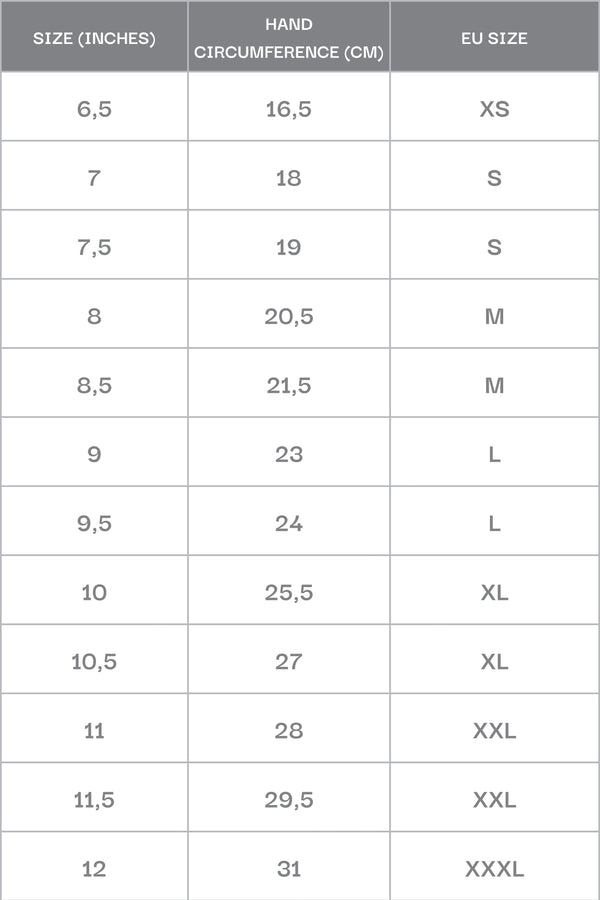 Men's gloves - a size chart.