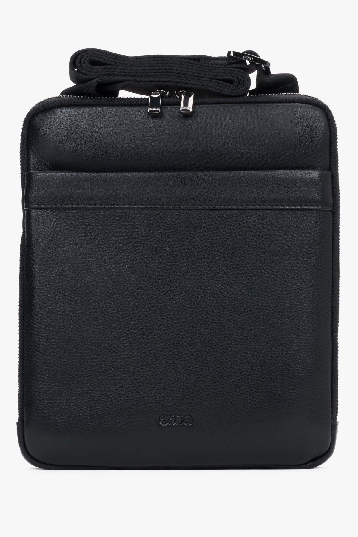 Men's Handy Black Shoulder Bag made of Pebbled Genuine Leather Estro ER00120414.