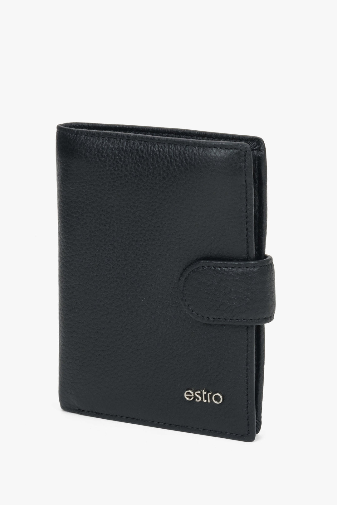 Stylish black wallet for men in leather with snap closure and dedicated coin pocket.