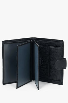 Genuine leather black men’s wallet with gold brand logo on the exterior and emblem inside.