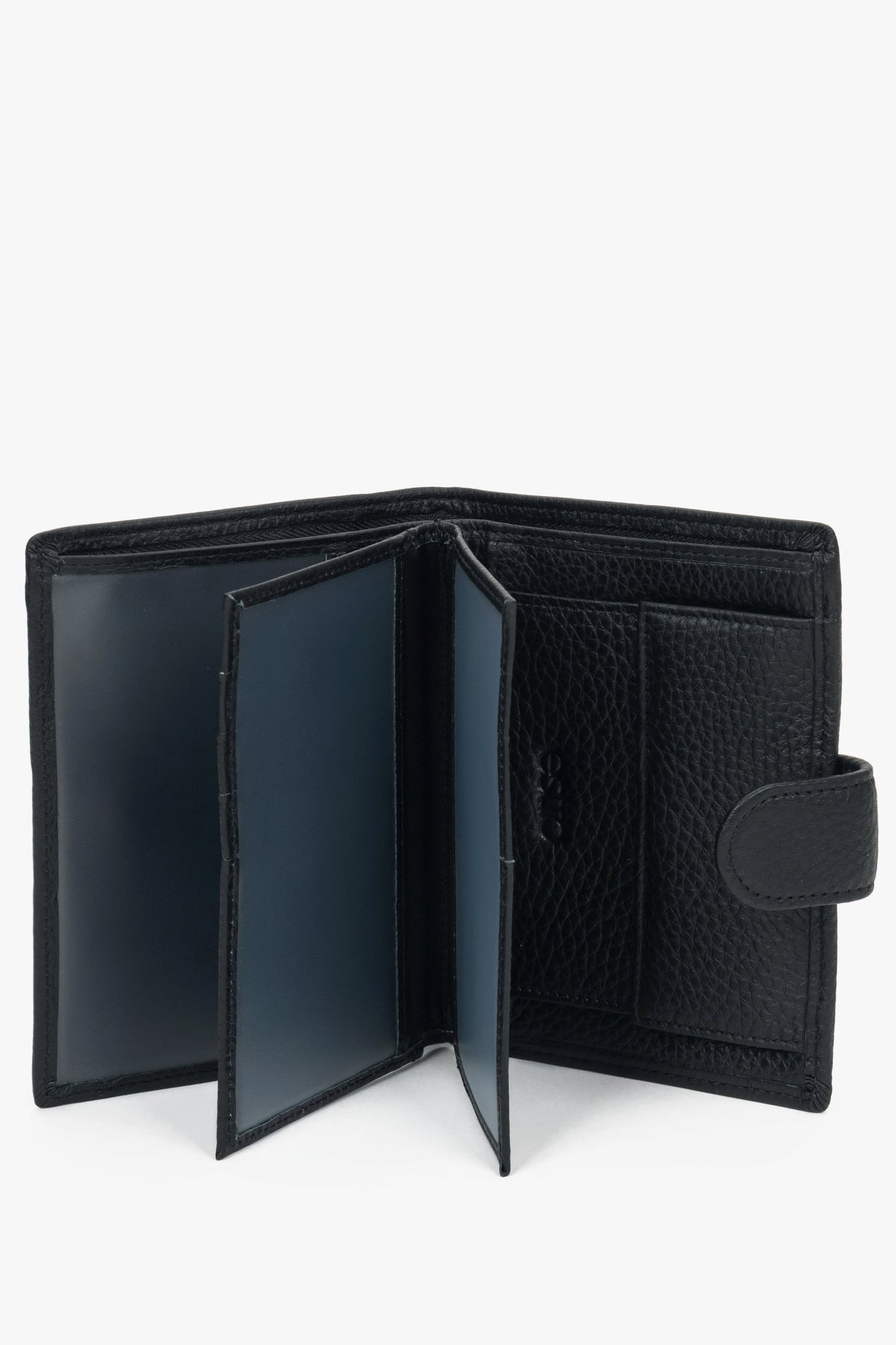 Genuine leather black men’s wallet with gold brand logo on the exterior and emblem inside.
