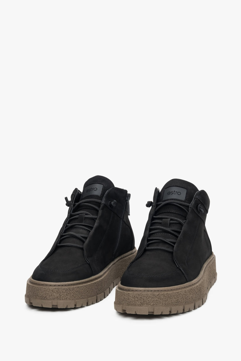 Estro men’s sneakers — black, high-top, crafted from Italian genuine nubuck with fur lining.