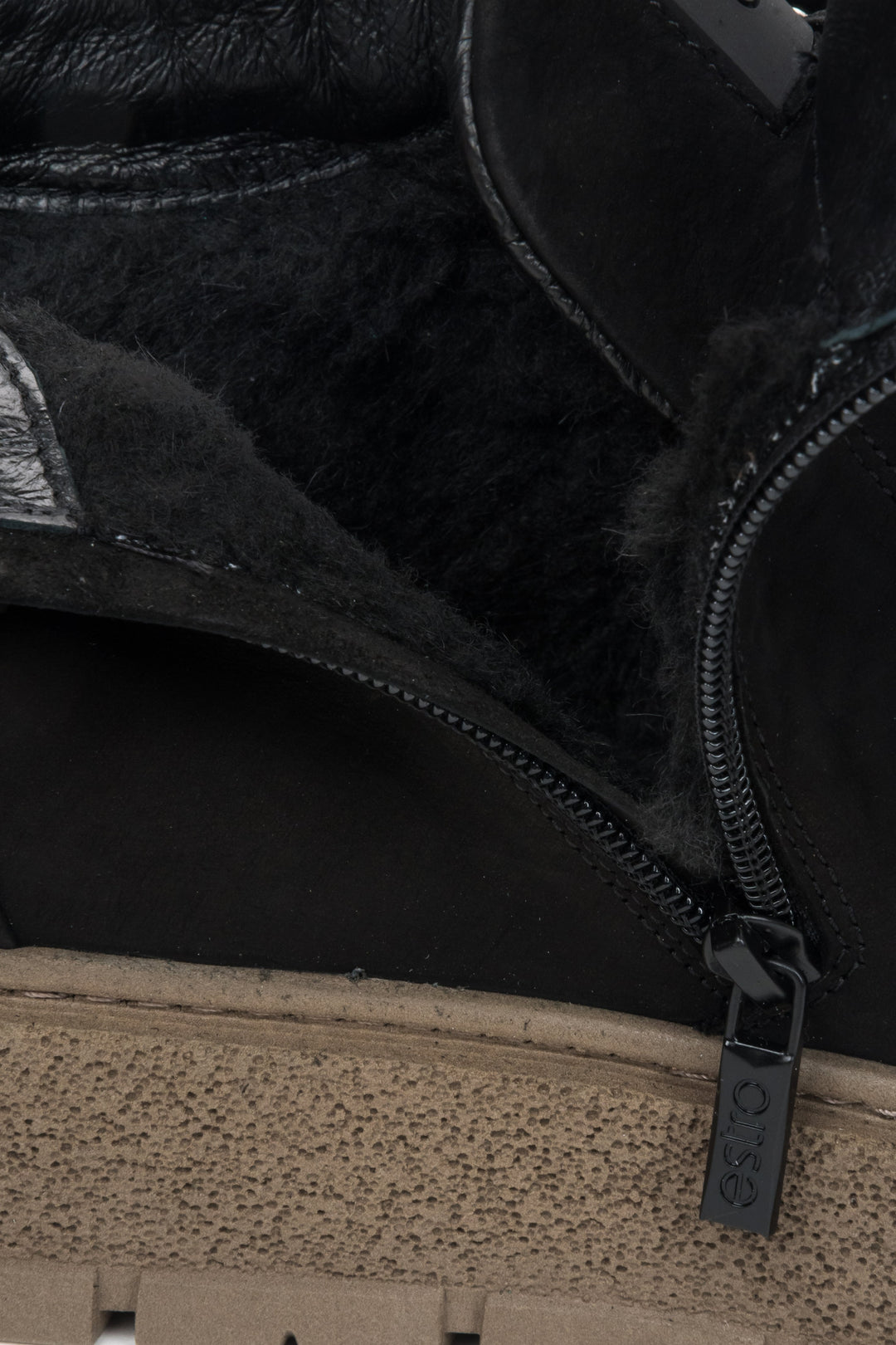 Black high-top men's sneakers by Estro, crafted from Italian genuine nubuck with fur lining — close-up details.