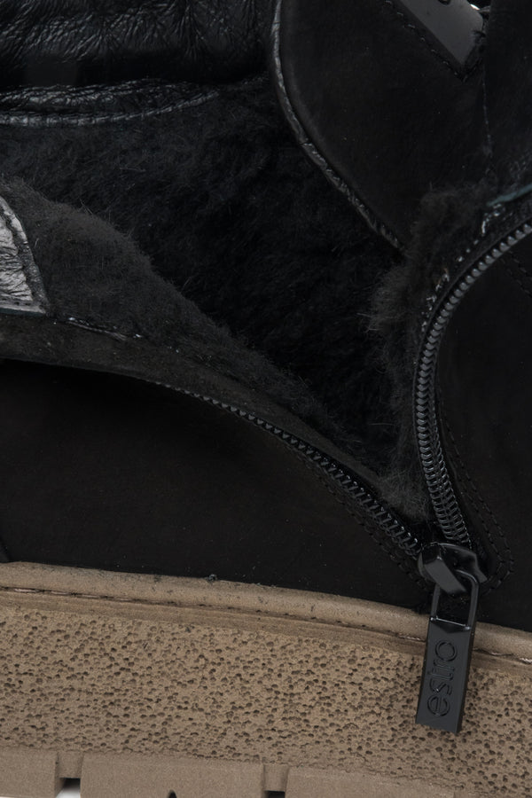 Black high-top men's sneakers by Estro, crafted from Italian genuine nubuck with fur lining — close-up details.