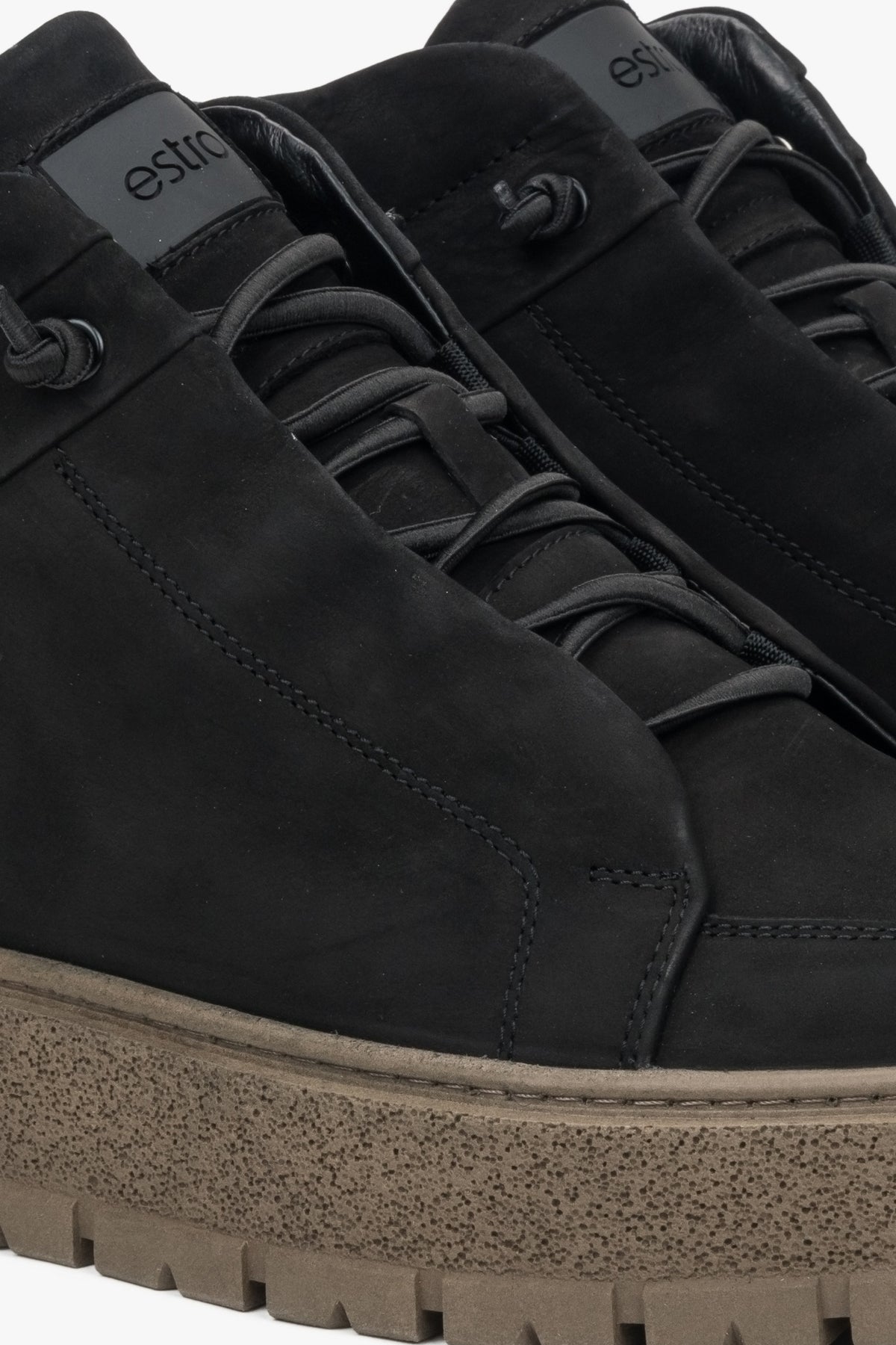 High-top men's sneakers made of Italian genuine nubuck with fur lining — detail close-up.