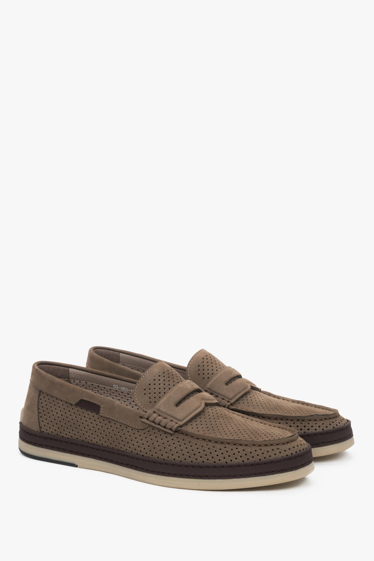 Men’s khaki loafers in natural nubuck with decorative perforation Estro.