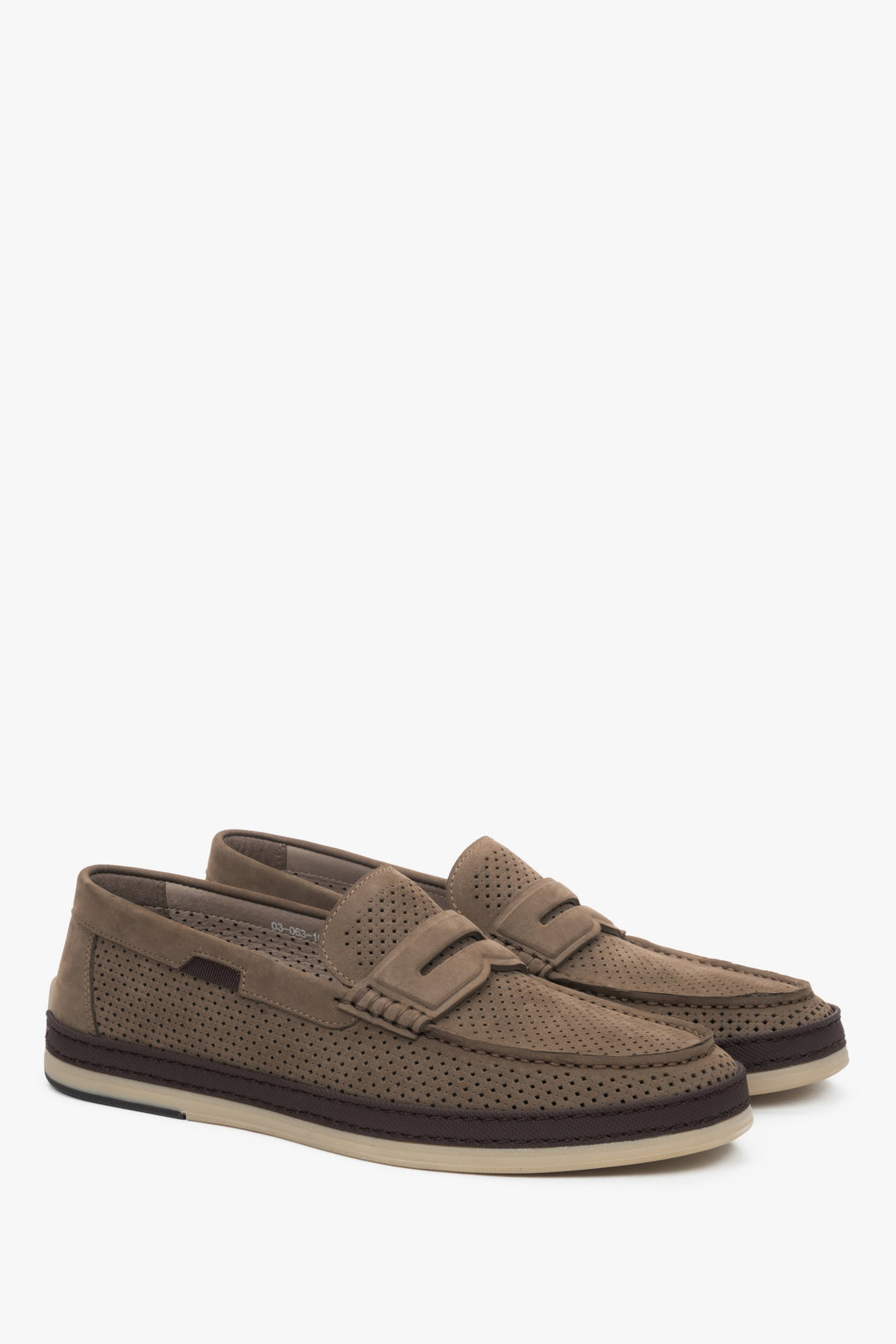 Men’s khaki loafers in natural nubuck with decorative perforation Estro.