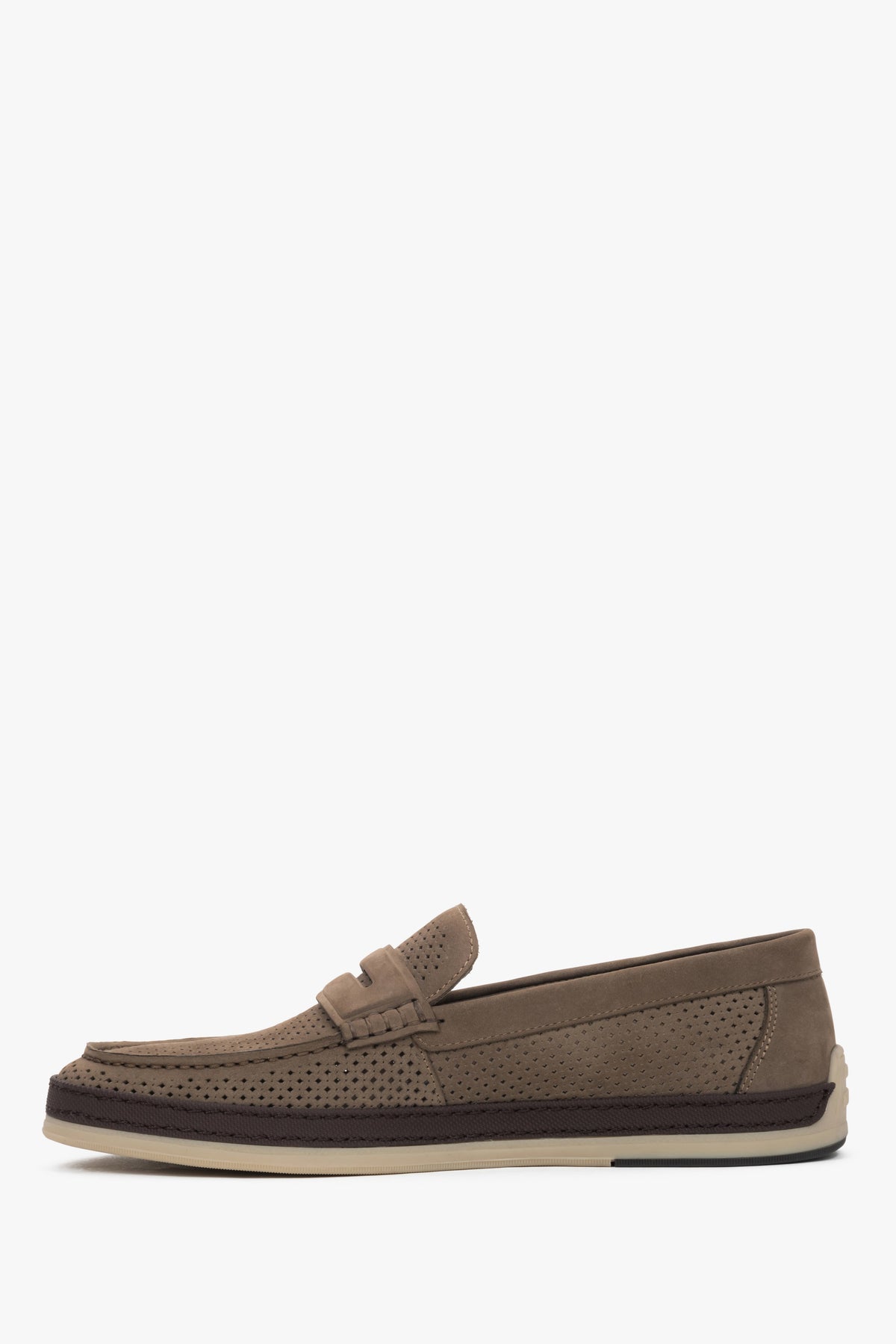 Slip-on khaki loafers with a flat rubber sole for summer wear.