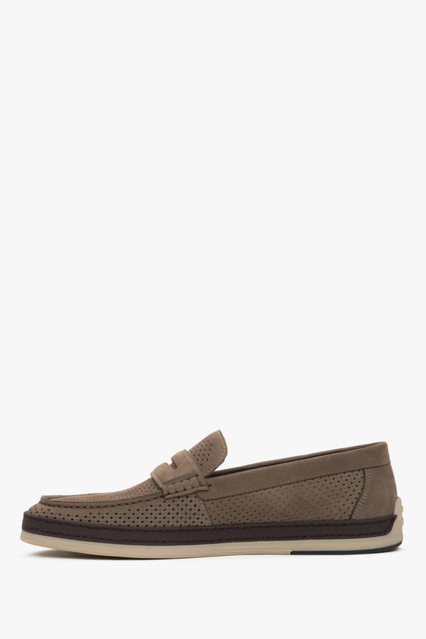 Slip-on khaki loafers with a flat rubber sole for summer wear.