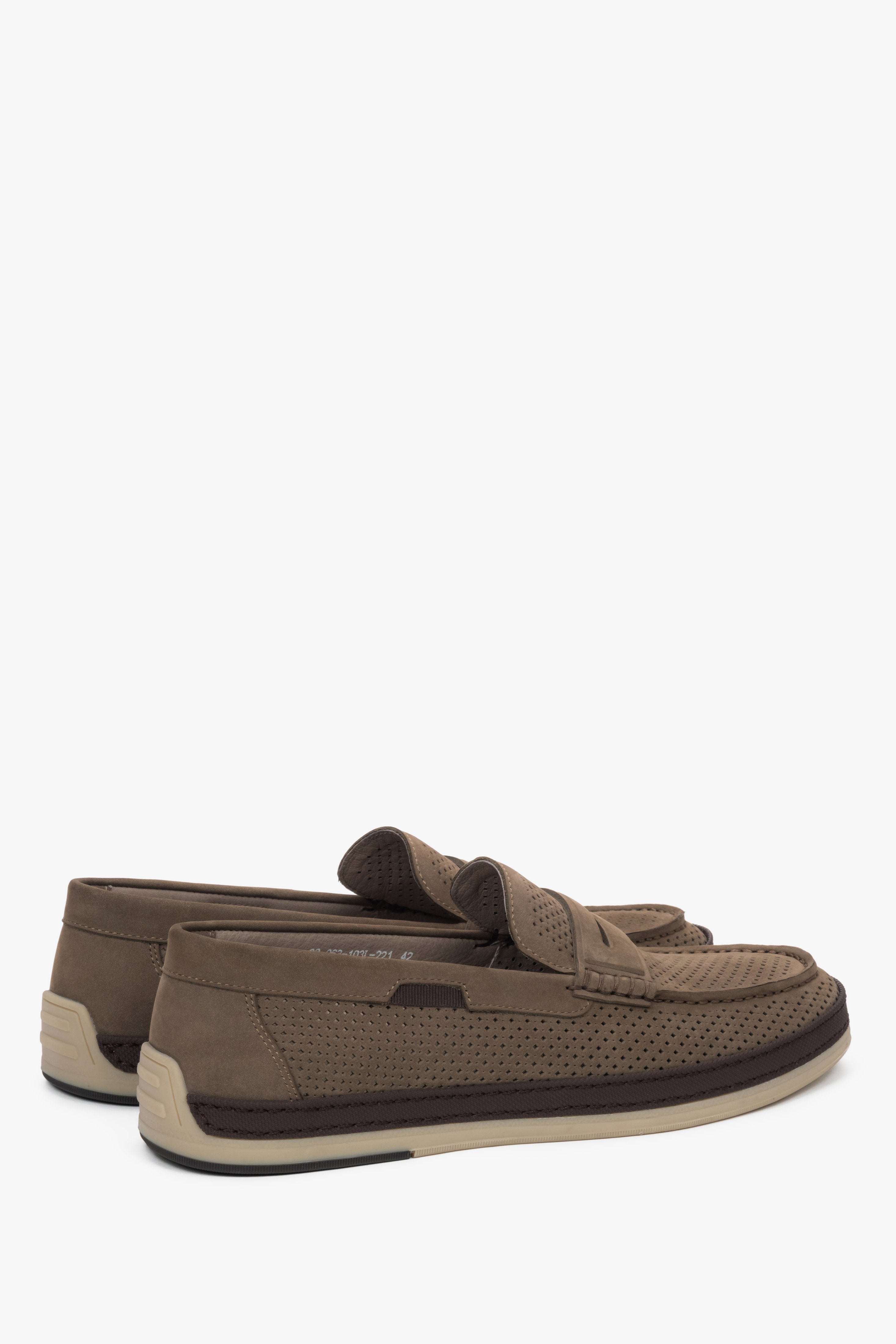 Khaki men’s loafers with elegant perforated detailing.