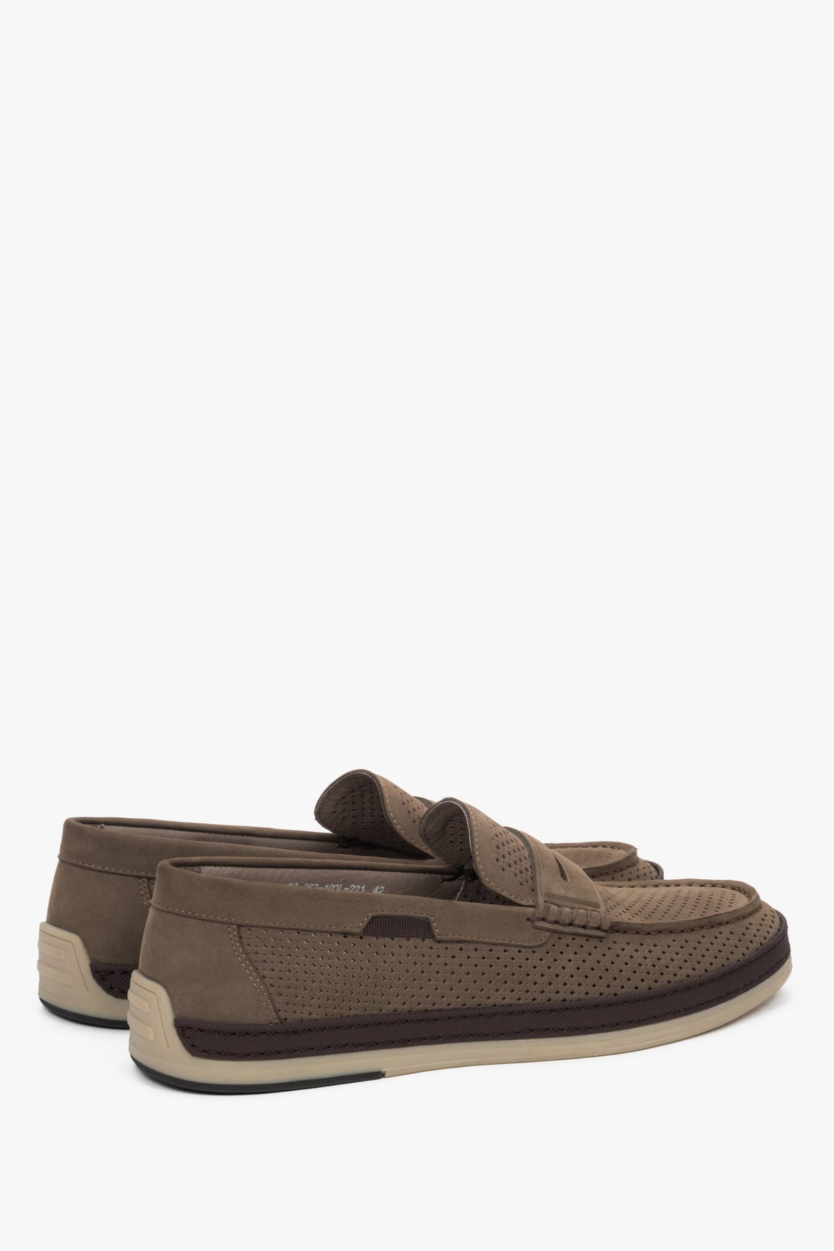Khaki men’s loafers with elegant perforated detailing.
