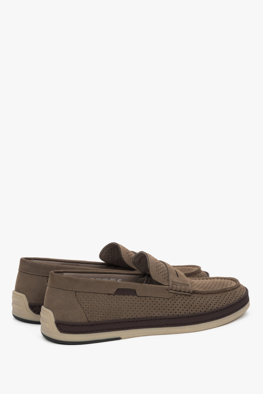 Khaki men’s loafers with elegant perforated detailing.