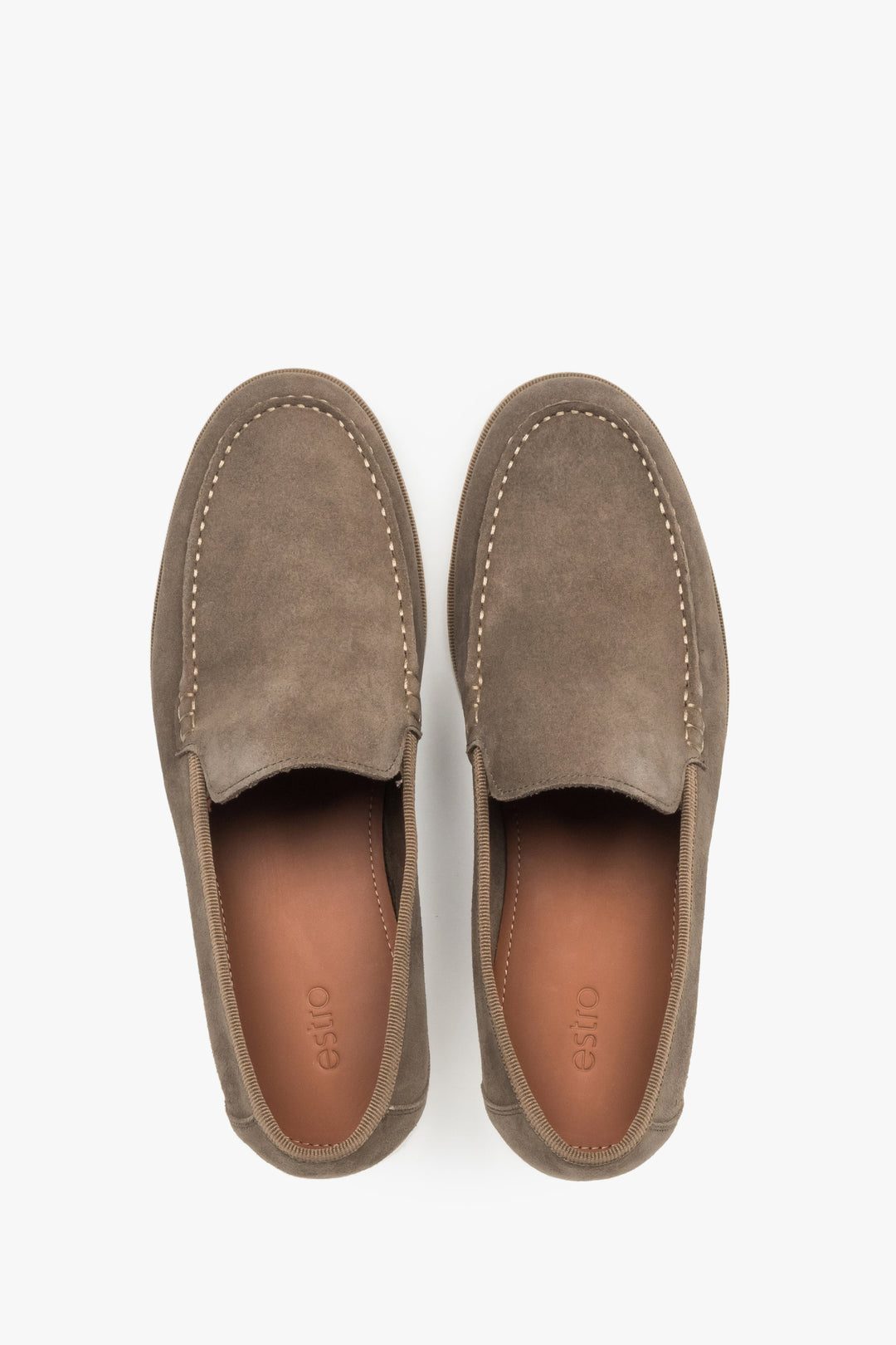 Estro khaki velour loafers featuring a premium genuine leather interior.