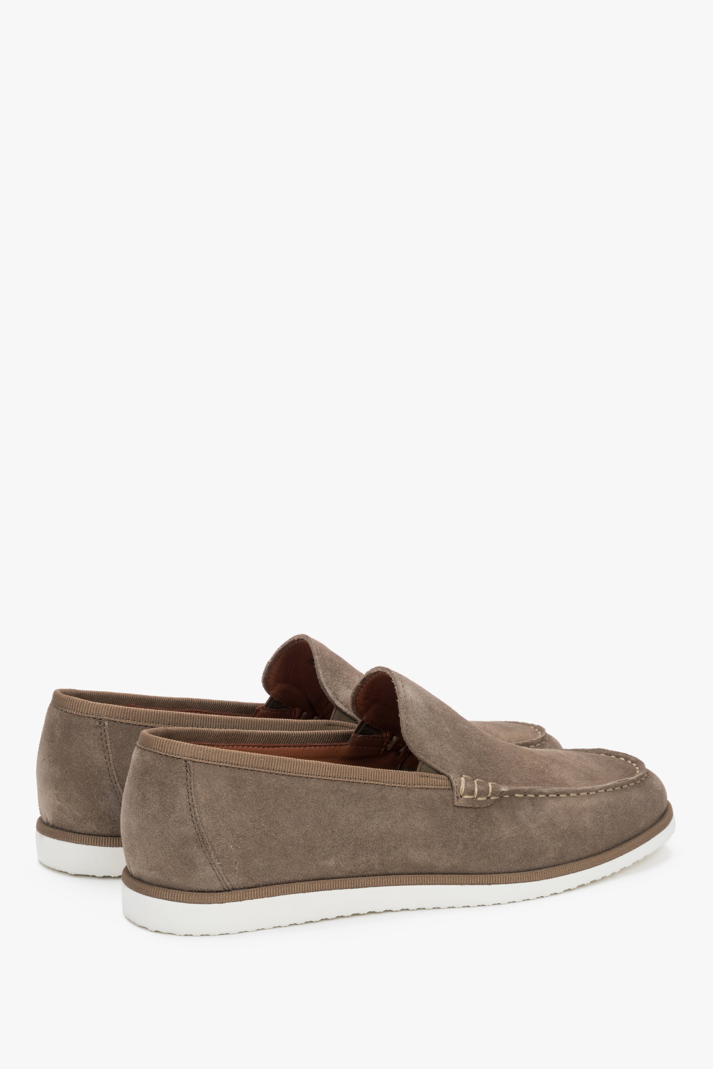Casual men's loafers with an olive-khaki velour upper and white contrast sole.
