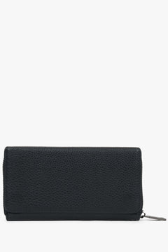 Men’s large black leather wallet with zipper and magnetic closure and dedicated coin and bill sections.