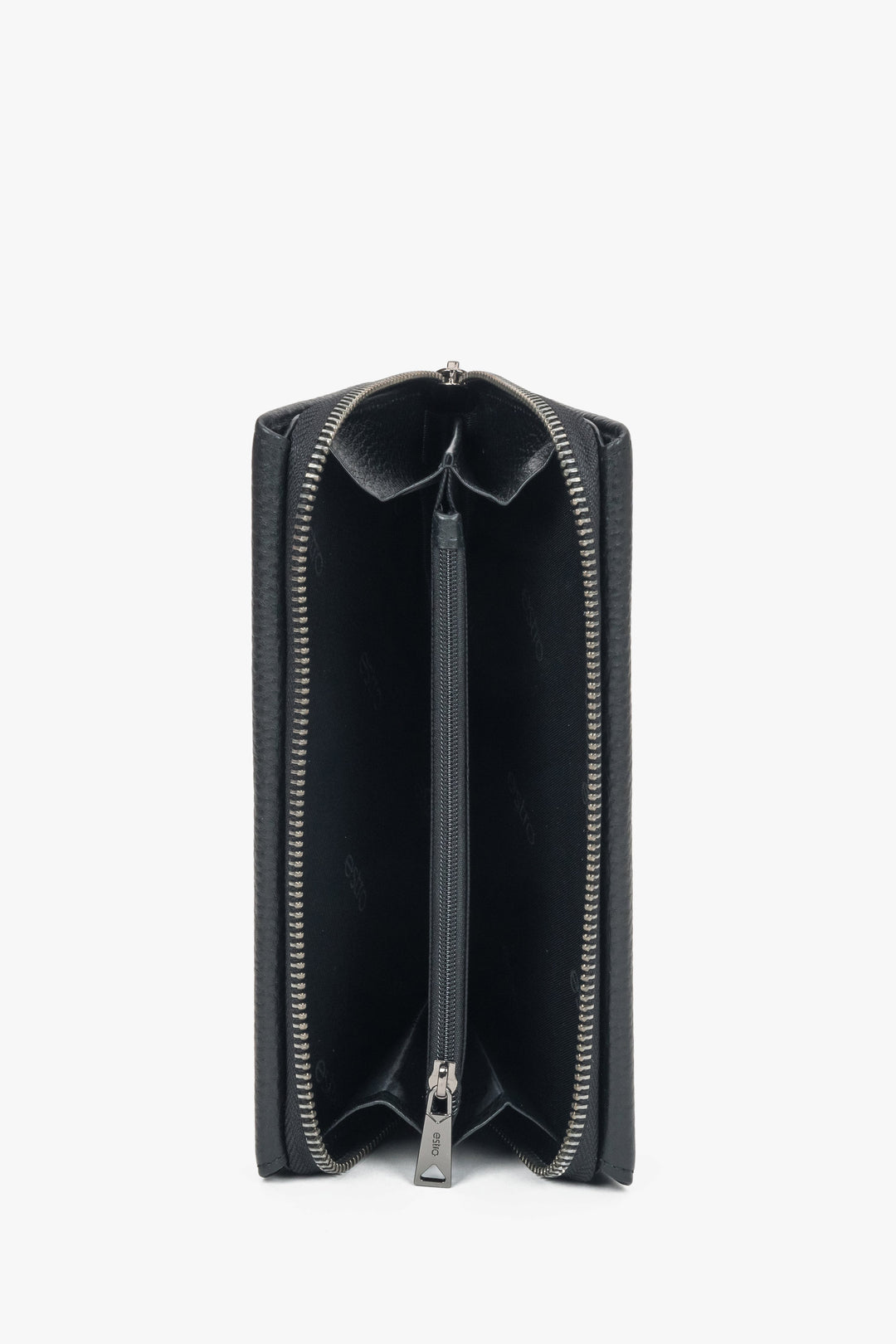 Genuine leather black men’s wallet with subtle brand emblem inside and outside, perfect for daily use.