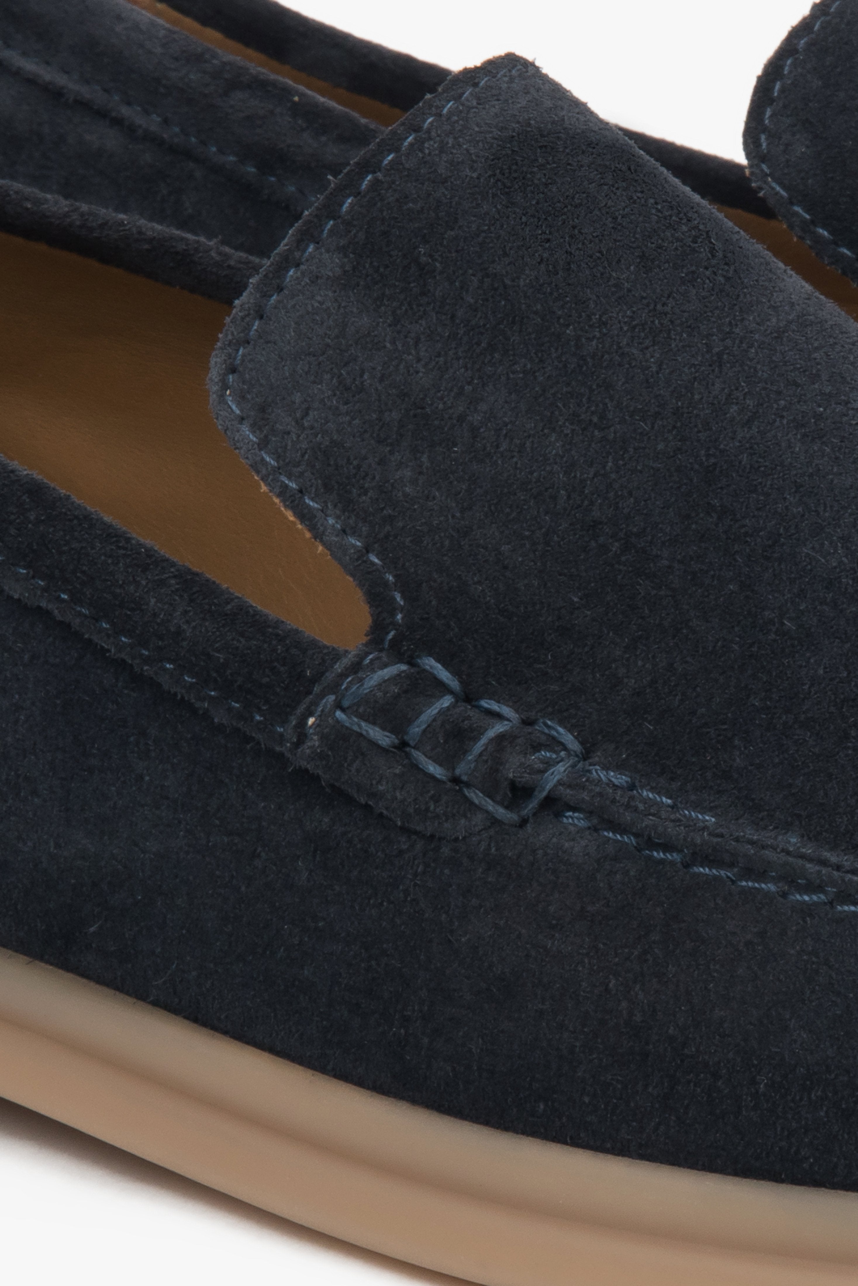 Navy Loafers: Estro Italian Velour, Men's Collection - a close-up on details.