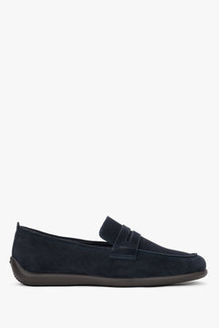 Men's classic navy blue velour penny loafers with an ultra-lightweight contrast sole, Frau.