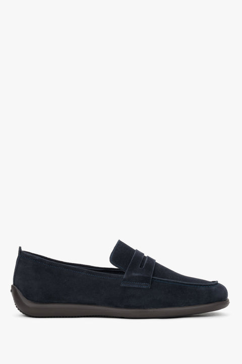 Men's classic navy blue velour penny loafers with an ultra-lightweight contrast sole, Frau.
