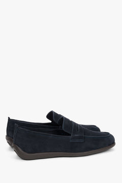 Men's premium velour penny loafers in navy blue by Frau – a three-quarter angled view highlighting the distinctive decorative stitching and lightweight design.