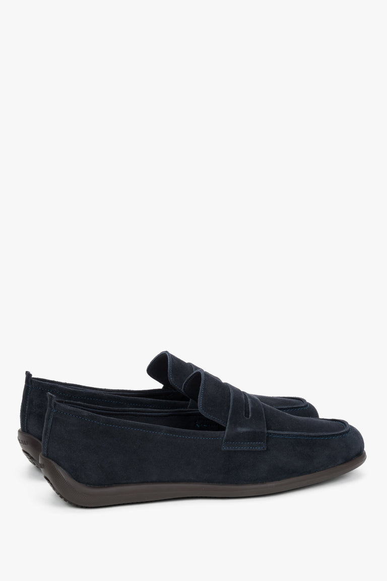 Men's premium velour penny loafers in navy blue by Frau – a three-quarter angled view highlighting the distinctive decorative stitching and lightweight design.