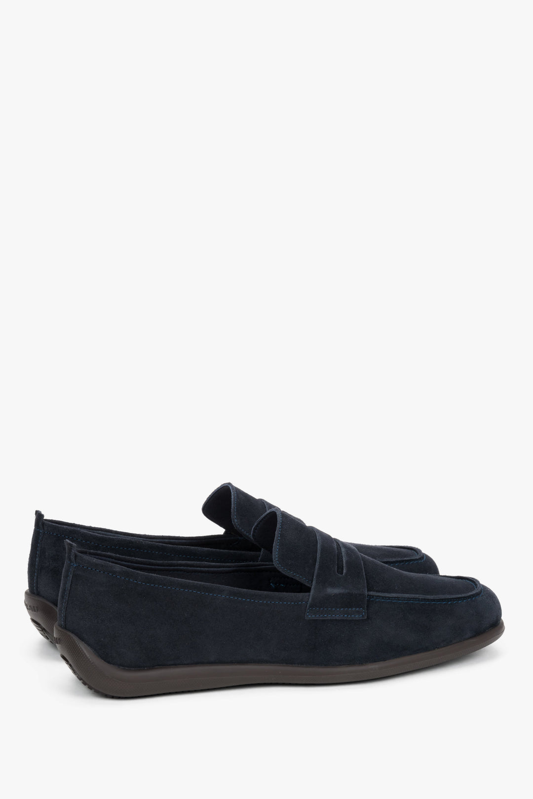 Men's premium velour penny loafers in navy blue by Frau – a three-quarter angled view highlighting the distinctive decorative stitching and lightweight design.