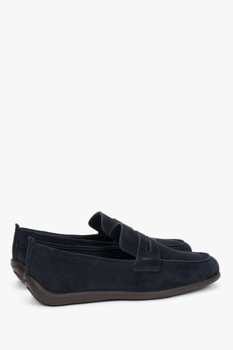 Men's premium velour penny loafers in navy blue by Frau – a three-quarter angled view highlighting the distinctive decorative stitching and lightweight design.