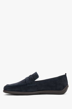 Men's classic navy blue velour penny loafers with an ultra-lightweight contrast sole, Frau.