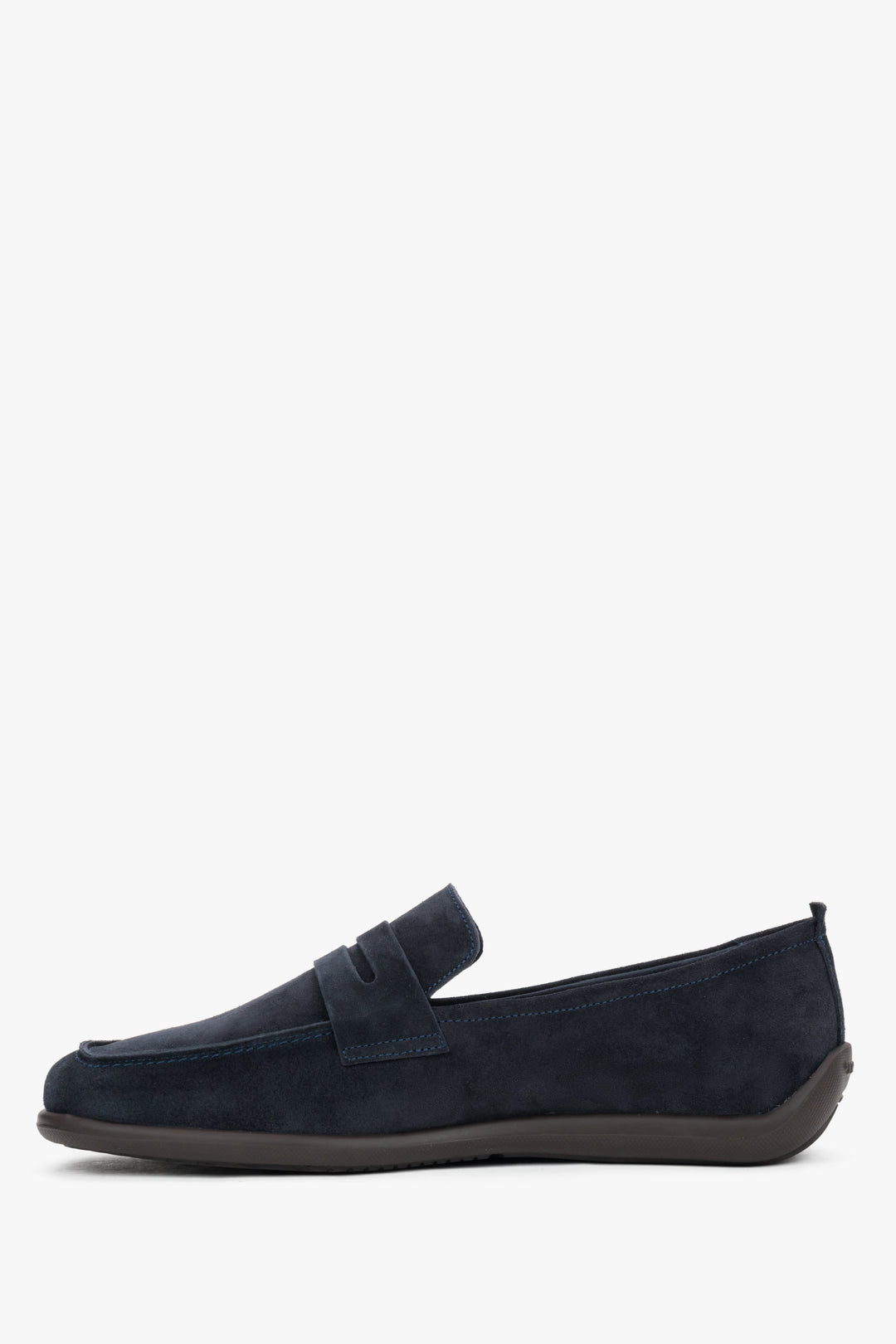 Men's classic navy blue velour penny loafers with an ultra-lightweight contrast sole, Frau.