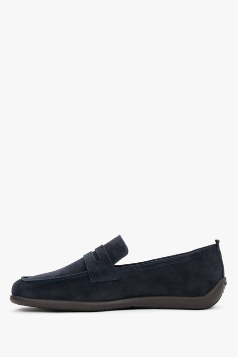 Men's classic navy blue velour penny loafers with an ultra-lightweight contrast sole, Frau.