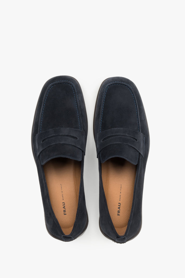 Navy blue men's premium velour loafers by Frau – a clean side profile highlighting the modern, flexible EVA microfoam sole.